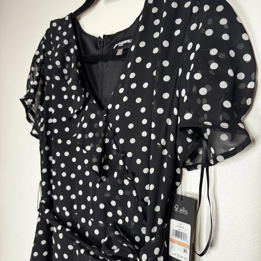 Karl Lagerfeld Polka Dot Tiered V-Neck Midi Dress - Picture 3 of 7